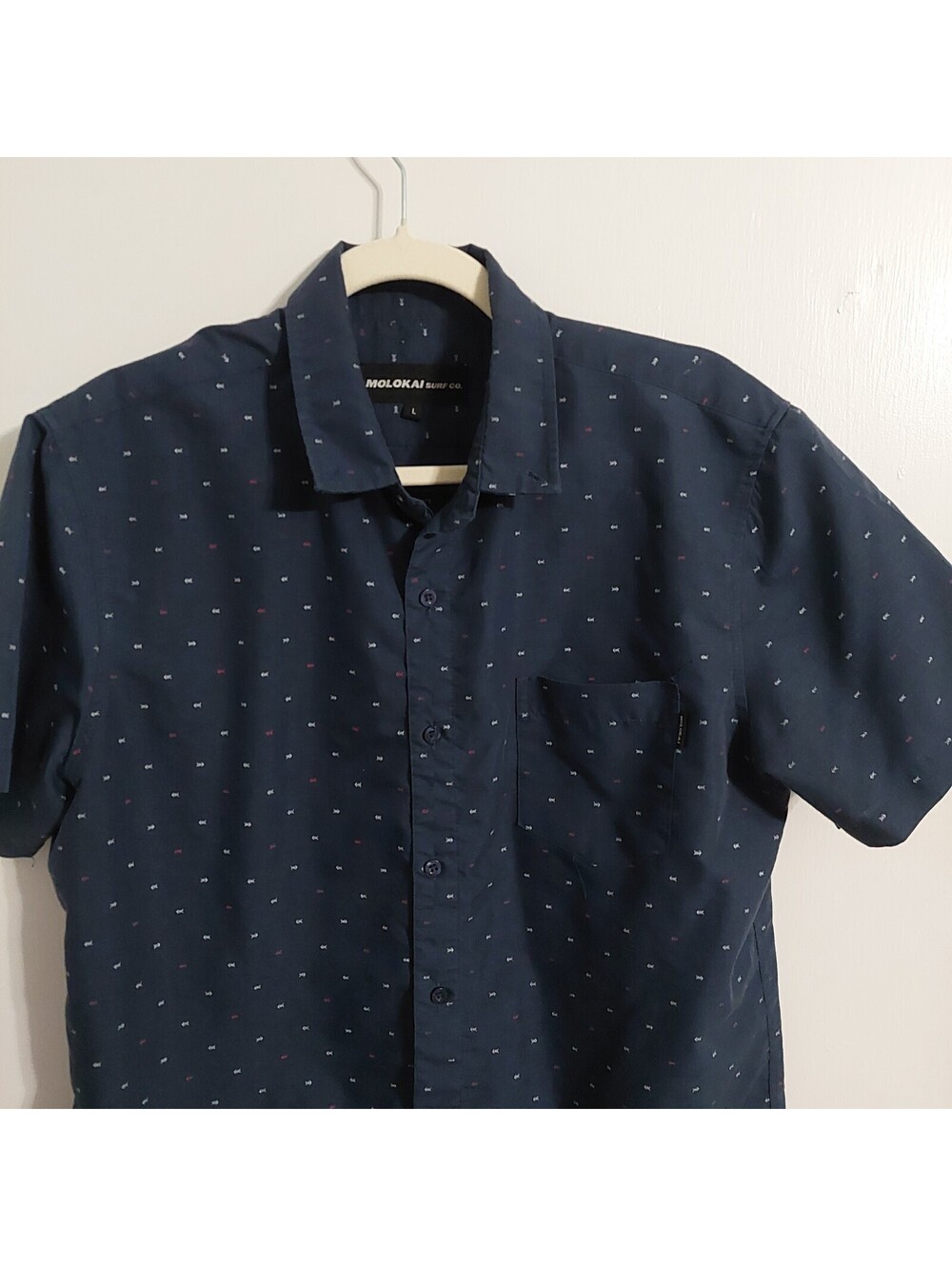 Molokai Surf Co. Men's Navy Blue Short Sleeve Button-Up Shirt, Size Large